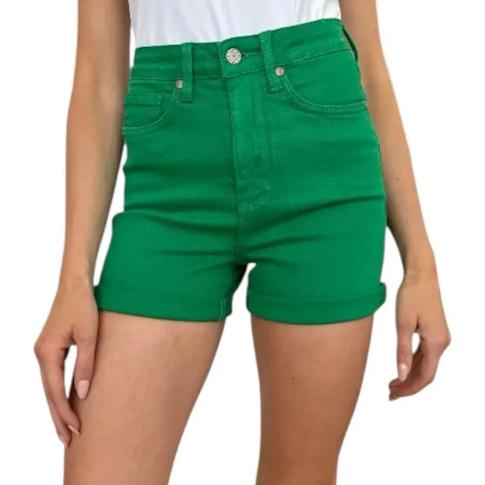 Judy Blue Shorts Green High Rise Tummy Control Cuffed Garment Dyed Stretch Denim